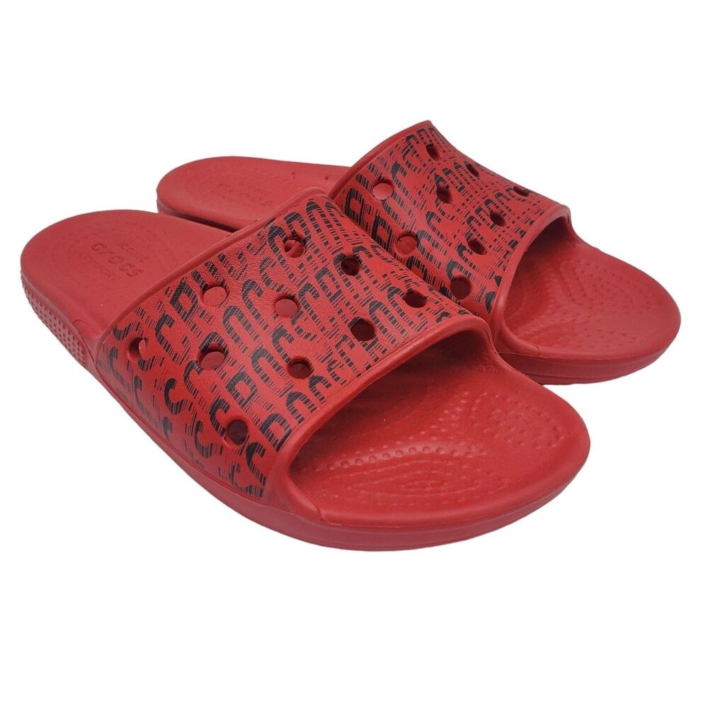 Crocs Big Kids Classic Slides Slip-on Juniors 1 Red Black Logo Spell Out Casual